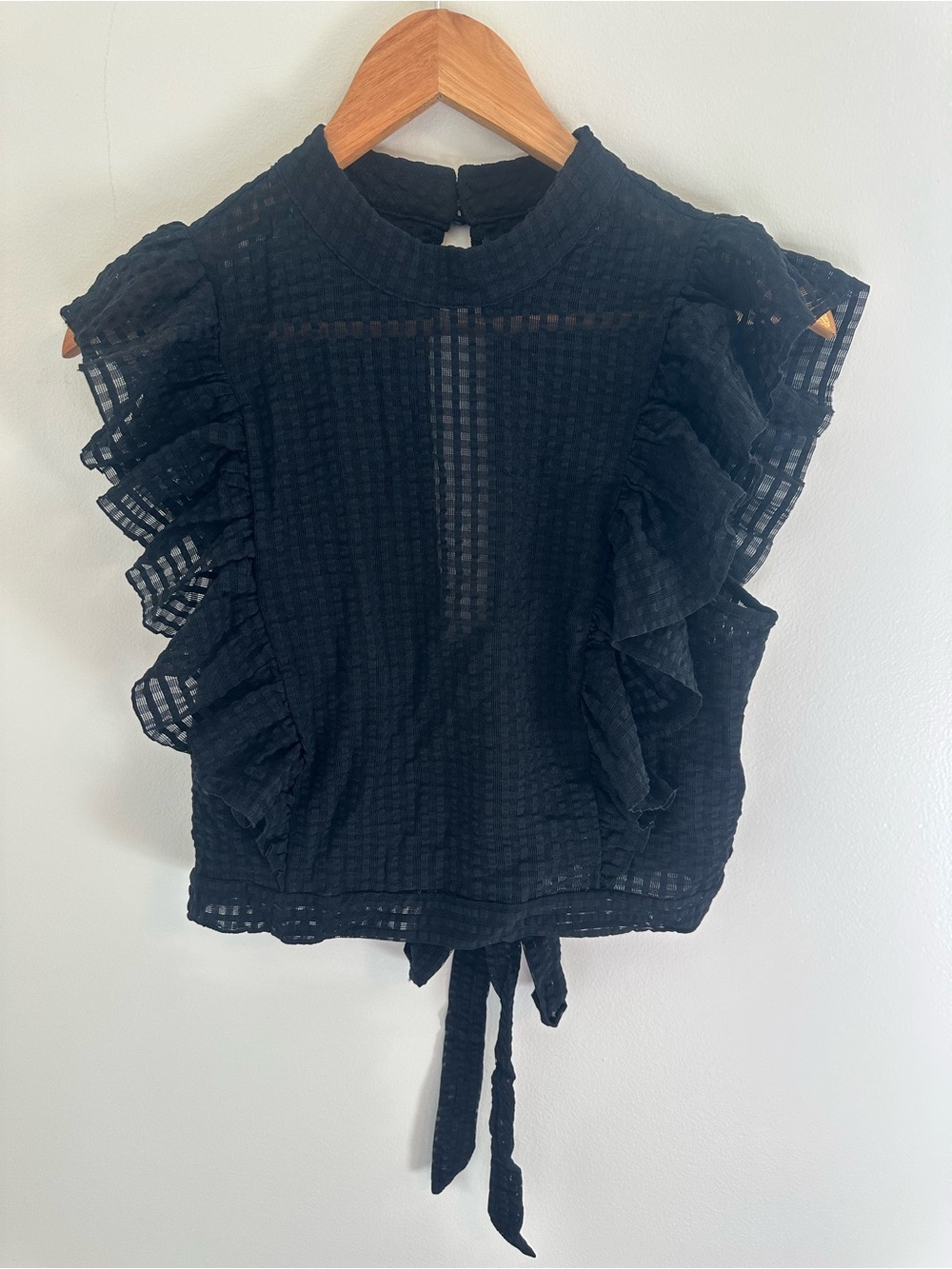 Maeve Anthropologie Black Ruffle Mesh Open Back Top M